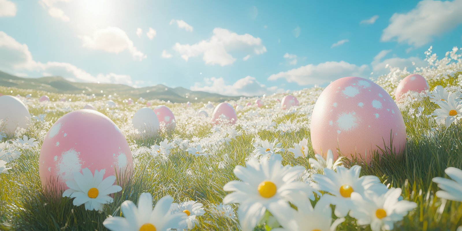 Colorful Easter eggs scattered among blooming daisies in a sunny meadow during spring